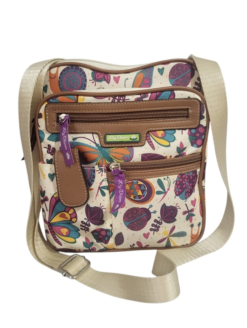 Lily Bloom Crossbody Canvas Bag Purse Butterfly Ladybug Snail Pockets Adj. Strap